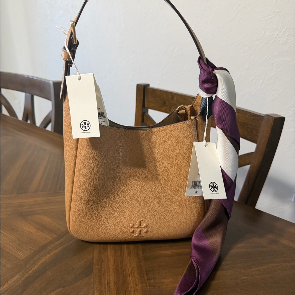 Tory Burch Brown Leather Shoulder Bag with Purple Scarf